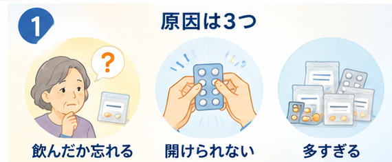 飲めていない原因は3つ:飲んだか忘れる・開けられない・多すぎる